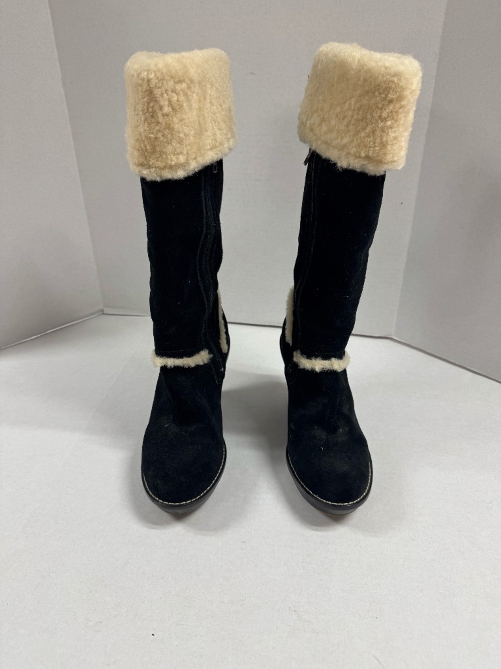 UGG Aubrie Wedge Shearling Knee Boot in Black - Size 7.5.
